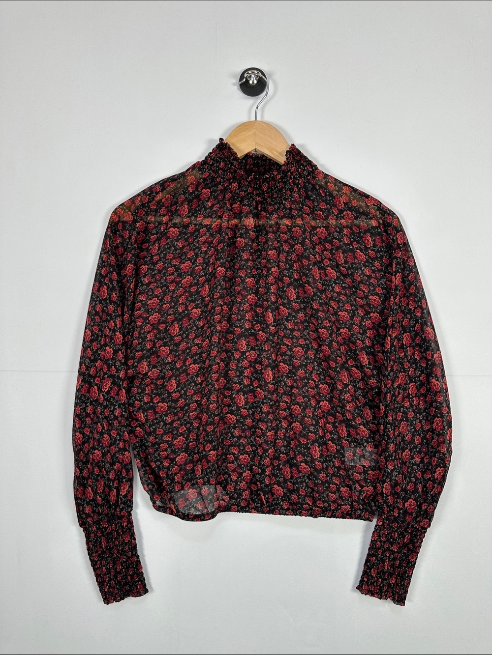 Dynamite Sheer Floral Blouse Black Red High Neck Long Sleeve Size S Whimsigoth